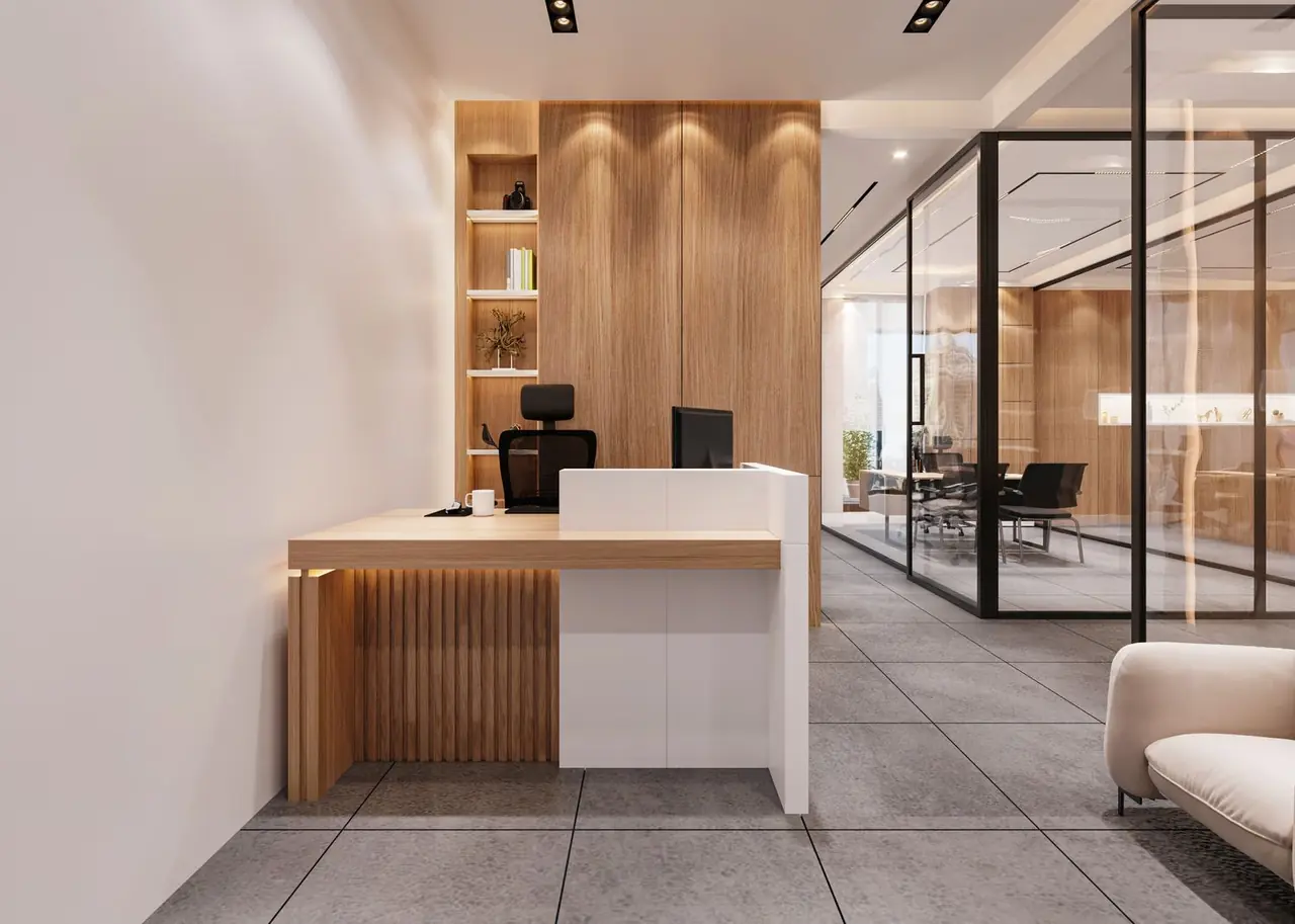 Serene reception area of Moonivory Studio with warm wood accents